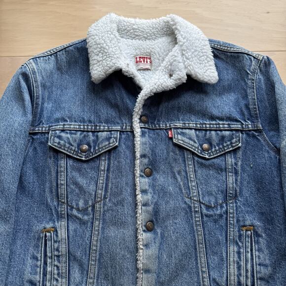 Vintage Levis Sherpa Trucker Jacket 44 Blue 80s Heavy Denim Outerwear USA - Picture 3 of 12